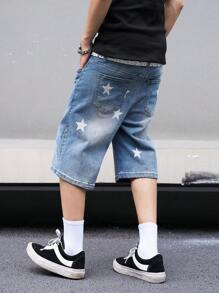 Manfinity EMRG 男士夏季休閒星星印花牛仔短褲，帶口袋