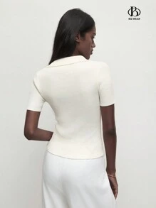 BizChic Top de Malha com Gola Polo Elegante, Manga Curta, Ajustada e Graciosa