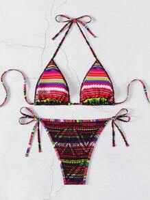 SHEIN Swim Summer Women Polka Dot Print Halter Neck Strap Sexy Bikini Set For Holiday Beach Vacation - Multicolor - View 5