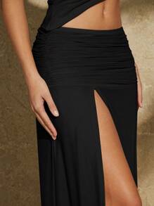 SHEIN BAE Asymmetrical Oblique Shoulder Tank Top With High Slit Ruched Flowy Midi Skirt Women 2 Pieces Set - Black - View 7