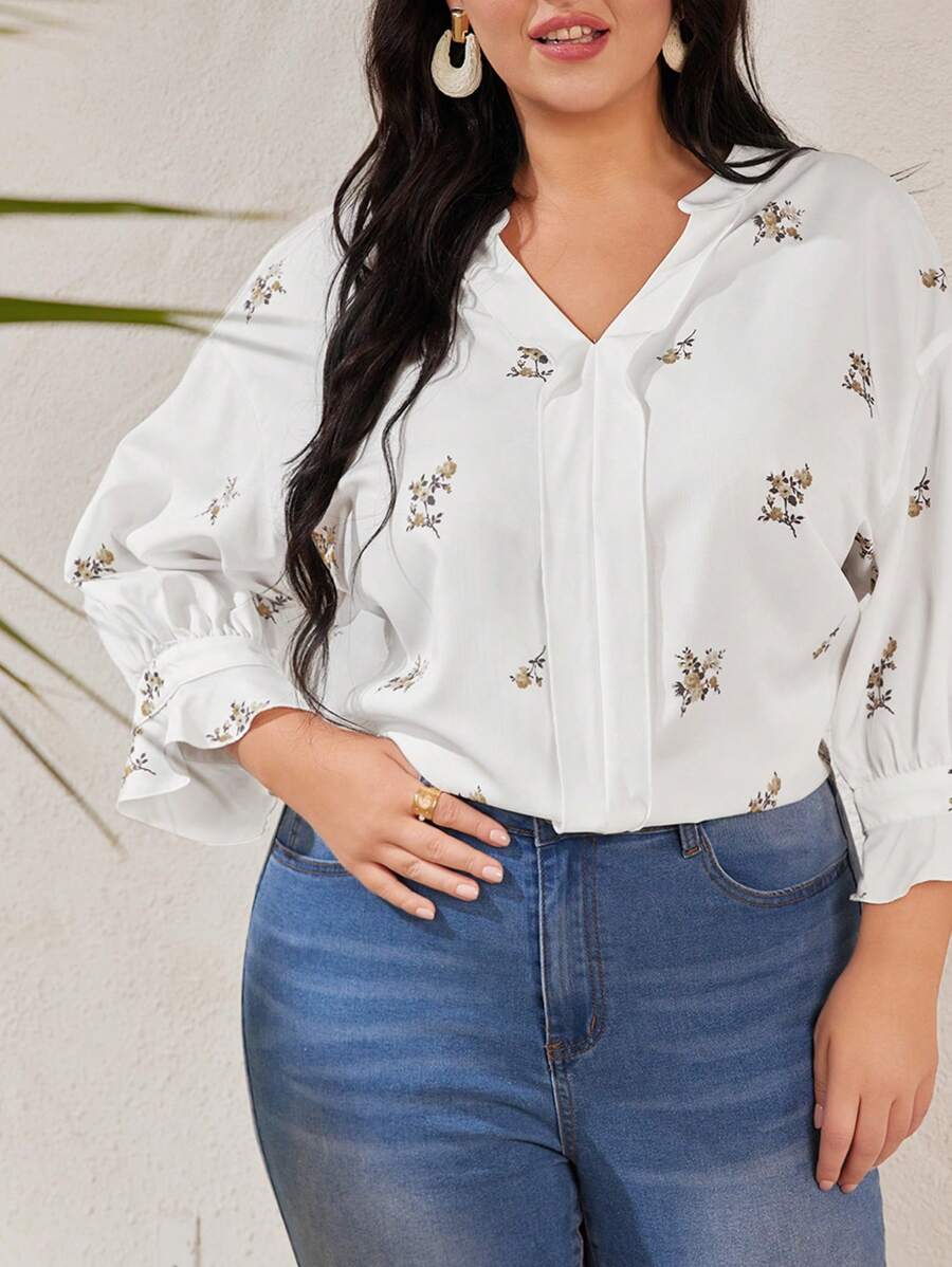 Mulvari Plus Size Floral Print Shirt With Notched Collar And Ruffled Sleeves - White - View 1