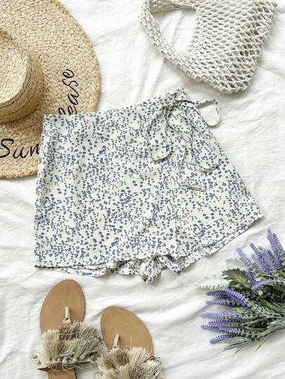 Soleia Mujeres vacaciones informales Pantalones cortos con estampado floral, cintura con lazo y parte delantera cruzada