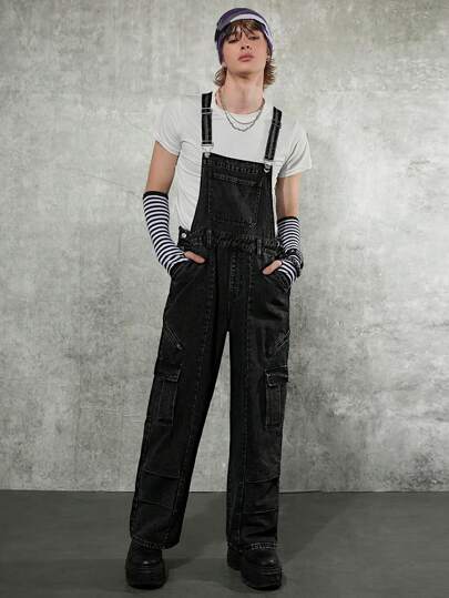 Manfinity Denimwave Fashion-Forward Men's Loose Pocket Patched Casual Denim Overalls, Perfect For Men Seeking Unique And Practical Styles.
