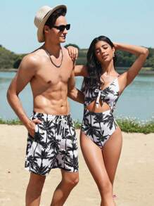 Manfinity VDAYZ 1 pièce Short de plage à cordon de serrage avec graphique pour hommes (imprimé coupe aléatoire). Short de piscine pour la plage, les vacances, les maillots de bain assortis pour couples, Hawaïen