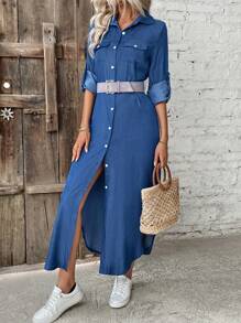 EMERY ROSE 纯色双排扣卷袖弧形下摆连衣裙长款女装 - 藍色 - 查看 7