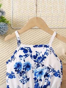 SHEIN Young Girl Floral Printed Cinching Waist Romper For Vacation And Leisure