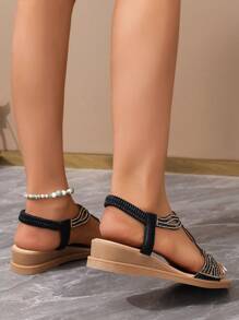 Summer Comfortable Fairy Style Platform Wedge Sandals With Rhinestones And Open Toes For Women - Black - View 6