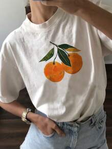 INAWLY Women Simple Printed Round Neck Short Sleeve T-Shirt, Summer Casual Fruit Shirt - White - View 1