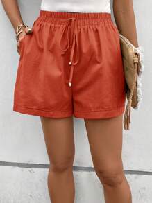 SHEIN LUNE Women Non-Elastic Woven Casual Shorts With Tie Waistband And Pockets