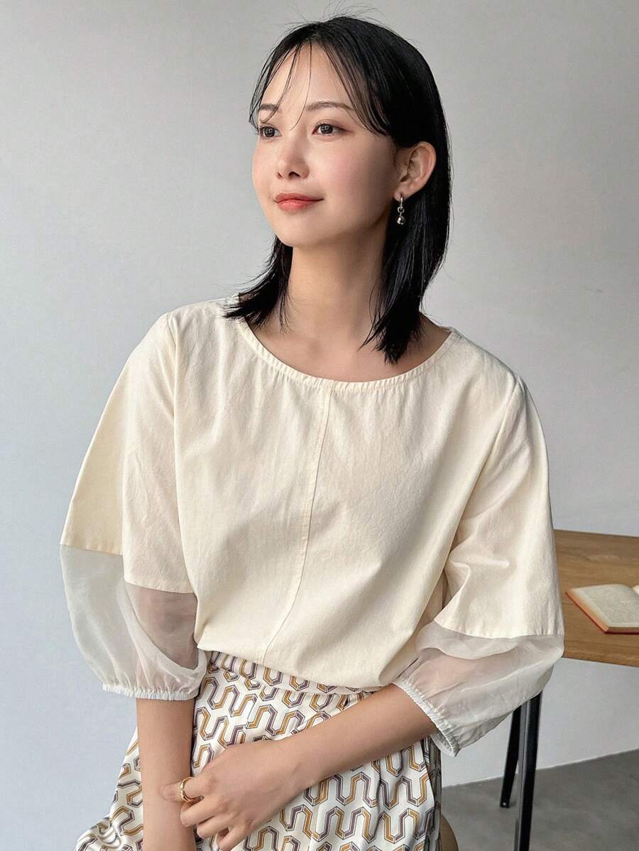 FRIFUL Women Summer Round Neck Loose Shirt With Mesh Lantern Sleeves And Patchwork - Beige - View 1