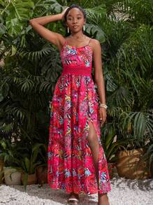 SHEIN Teen Girl Màu Đỏ Nhiệt Đới Thực Vật & Động Vật In Rỗng Dây Thắt Lưng Ngày Lễ Thường Ngày Áo Dài - Đỏ - Xem 5