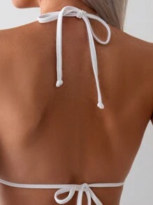 SHEIN Swim Basics 女性夏季沙灘蝴蝶結細節裝飾性感頸挂式比基尼上衣 - 黑色 - 查看 5