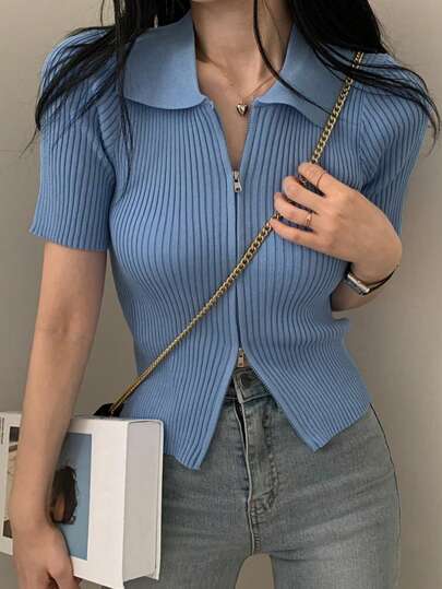 Slim Fit Knitted Cardigan With Double-Head Zipper And Lapel Short Sleeves