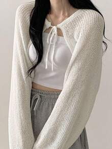 Chaqueta de punto de manga larga con lazo de cordón de unicolor, estilo de moda para chicas - Beis - Ver 3