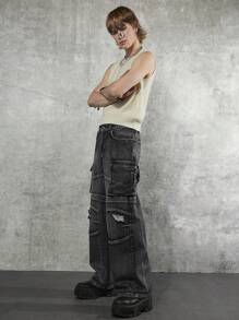 Manfinity Denimwave 男士耐用黑色重磅牛仔褲，帶磨邊和多口袋，寬腳款式，非常適合城市街頭服裝，是耐用實用的時尚寬鬆運動風長褲，酸洗深色牛仔褲，素面派對Y2K情侶裝 - 黑色 - 查看 2