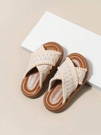 Sandalias planas con puntera abierta tejida de moda para niños con suela de goma