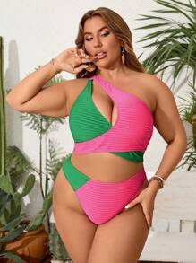 SHEIN Swim Curve 大码拼色单肩文胸和比基尼套装，适合夏季度假 - 彩色 - 查看 4