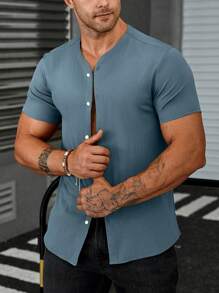 Manfinity Homme Men Fashionable Solid Button-Up Shirt, Casual Loose Fit - Dusty Blue - View 8