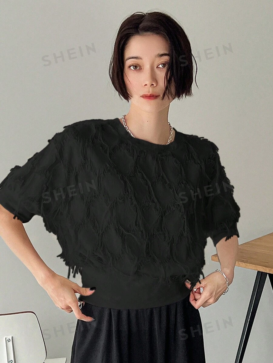 FRIFUL Camiseta Casual de cuello redondo y flecos de unicolor para mujer de Primavera/Verano