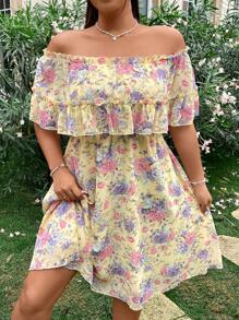 Sunnyshic Plus size off-shoulder bloemenprint romantische vakantiejurk