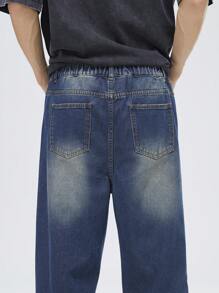 Jeans rectos de pierna ajustada lavados pesados de moda callejera retro para adolescente con lavado oscuro y cintura elástica - Azul lavado oscuro - Ver 5