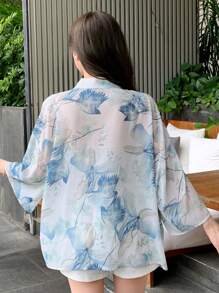 DAZY Áo khoác Kimono in họa tiết chiffon giải trí cho nữ mùa hè - Màu xanh lam - Xem 5