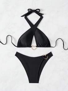 SHEIN Swim Women Vacation Bikini Set With Heart-Shaped Circle Linking And Halter Neckline Summer - Black - View 1