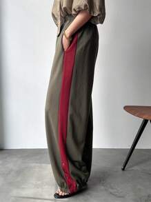 FRIFUL Mujeres Pantalones holgado de bloques de color lateral a la moda para uso casual