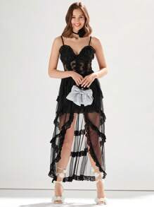 Enchnt 女性時尚純色蕾絲網帶洋裝 - 黑色 - 查看 4