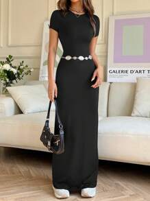 SHEIN EZwear Women Round Neck Slim Fit Short Sleeve Dress For Daily Wear In Spring And Summer,Summer Dresses For Women