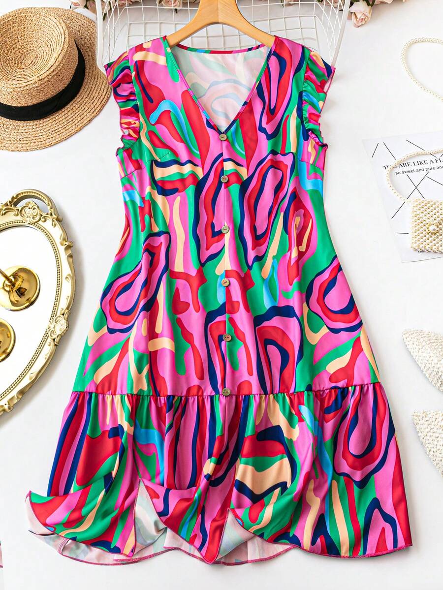 SHEIN Holidaya Váy không tay viền ren cổ chữ V cỡ lớn, lý tưởng cho kỳ nghỉ hè - màu xanh lá - Xem 1