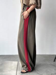 FRIFUL Mujeres Pantalones holgado de bloques de color lateral a la moda para uso casual