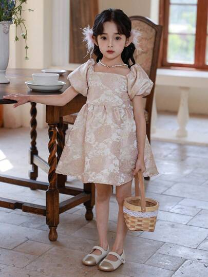 SHEIN Letnia suknia ślubna dla młodej dziewczyny z falbankami Sukienka dla dziewczynki z kwiatami Kwiatowa aplikacja Księżniczka Urodzinowa sukienka