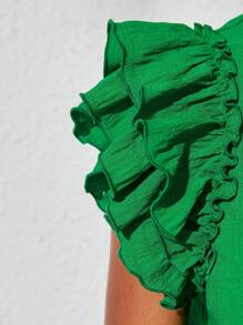 SHEIN 青少女編織純色提花雙層荷葉袖休閒連衣裙 - 綠色 - 查看 5
