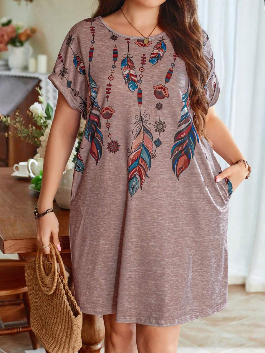 SHEIN LUNE Plus Size Round Neck Feather Print Casual Batwing Sleeve Dress For Summer - Multicolor - View 1
