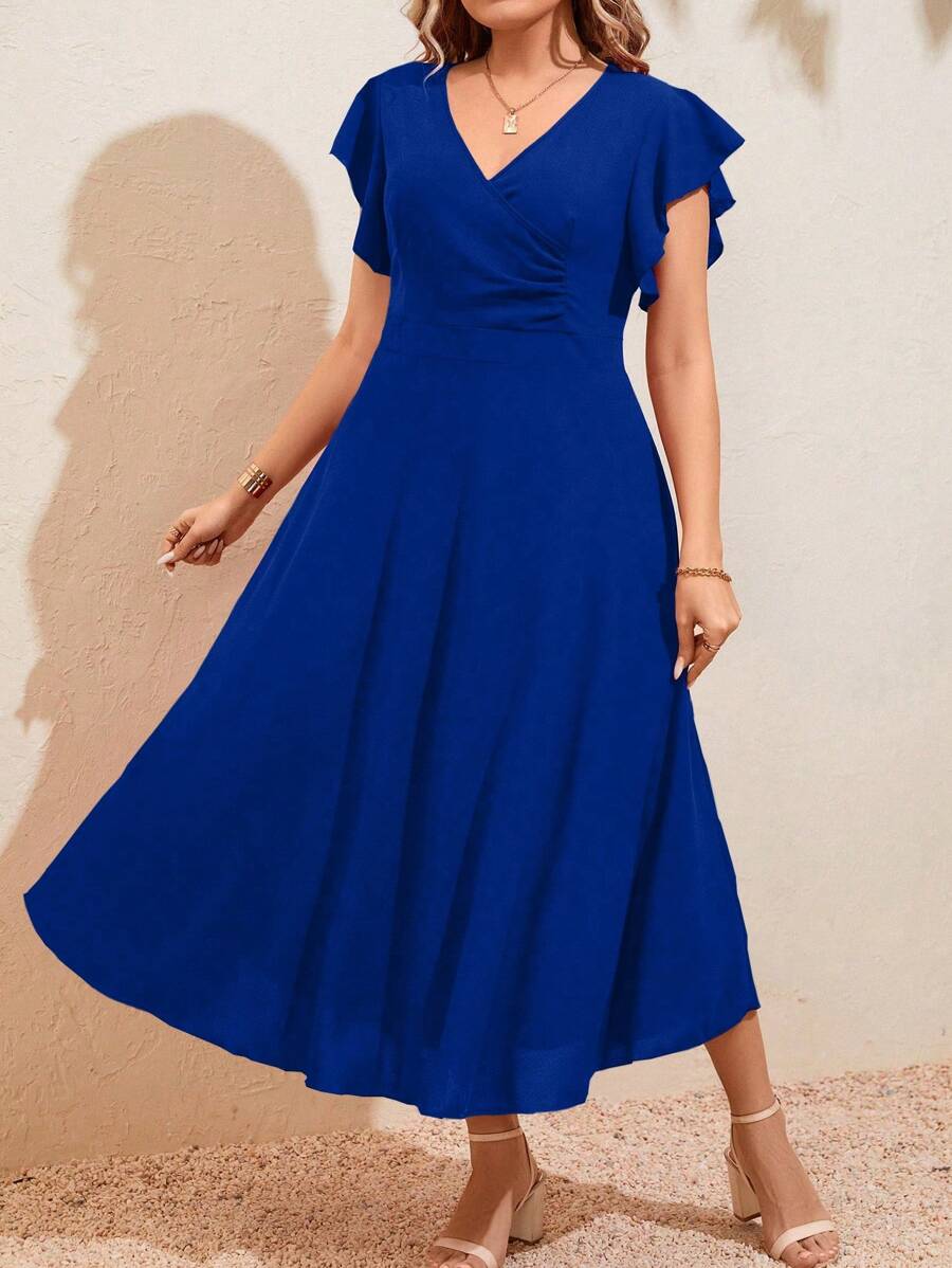 SHEIN Clasi Vestido maxi de fiesta de talla grande de unicolor elegante con volantes y cintura entallada para mujer - azul real - Ver 1