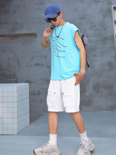 Teen Boy Letter Printed Blue Tank Top With Textured Fabric Shorts 2pcs Set