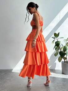 Firerie Bộ đồ đi biển 2 món: Áo xếp ly phần ngực và chân váy xòe. - trái cam - Xem 1