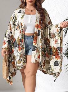 SHEIN CURVE+ Plus Size Loose Floral Print Beach Vacation Front Open Cardigan - Multicolor - View 1