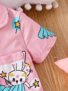 SHEIN طقم سهل الياقة والأكمام القصيرة للفتاة الرضيعة، يتكون من ملابس علوية وسروال قصير عاري الذراعين، مريح للارتداء في الأوقات العادية. - وردي - مشاهدة 5