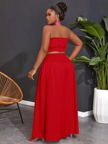 Slaydiva Plus Size Holiday Casual Solid Color Bandeau Top & Wide Leg Pants Set,Holiday Outfits - Red - View 2