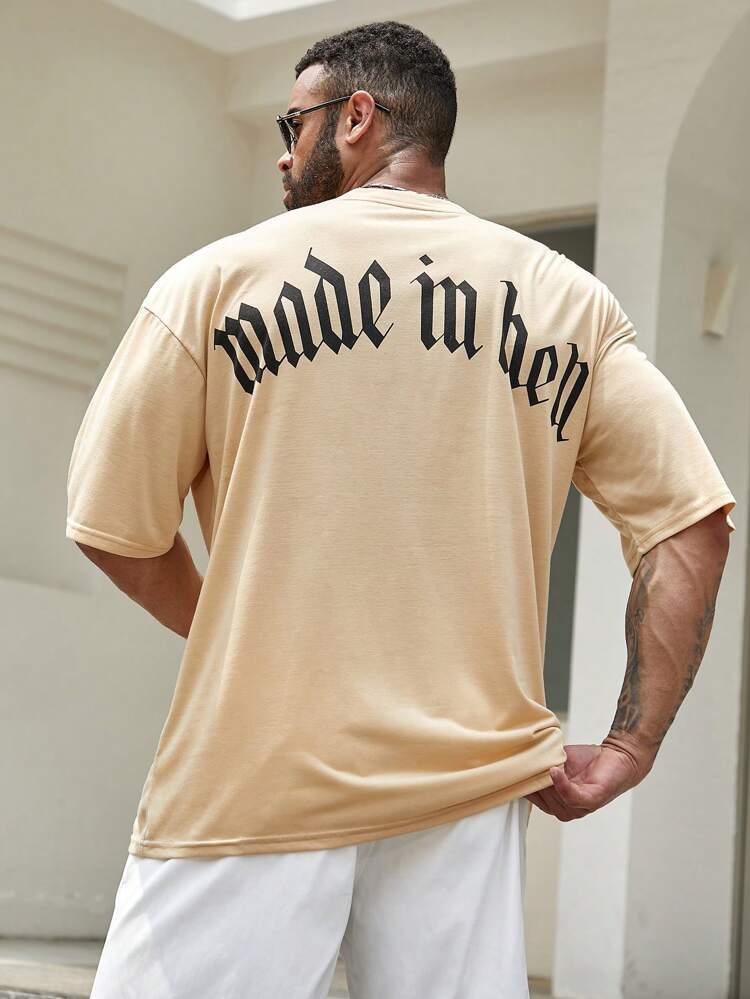 Men Plus Size Summer Casual Short Sleeve T-Shirt With Letters Print, Drop Shoulder