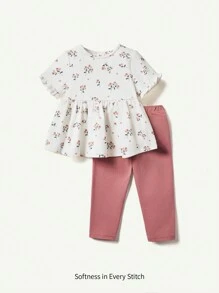 Cozy Pixies 嬰兒女寶寶花紋短袖圓領上衣和純色長褲套裝 - 藕粉色 - 查看 2