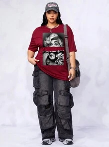 SHEIN EZwear 大码 T 恤休闲人物与字母图案圆领短袖宽松大码套头 T 恤，夏季