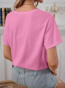 Áo thun cổ tròn tay ngắn dáng rộng cho nữ, thời trang mùa hè - Màu Hồng baby - Xem 5