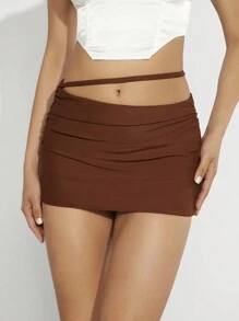 Hauture Strap Waist Ruched Mini Solid Skirt - Brown - View 4