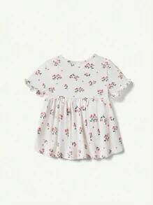 Cozy Pixies 嬰兒女寶寶花紋短袖圓領上衣和純色長褲套裝 - 藕粉色 - 查看 3