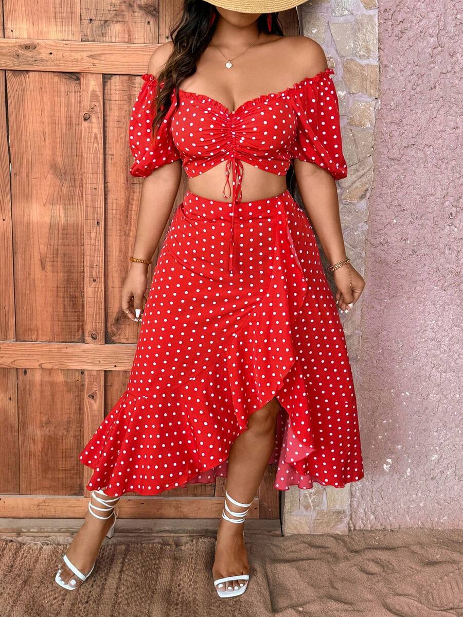 Breezaya 大尺碼女性時尚圓點荷葉邊露肩上衣和裙子套裝 - 紅色 - 查看 1