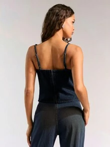 Forever 21 Vintage Summer Tight-Fitting Denim Cami Top With Metal Studs And Beads Embellishment - Blue - View 8