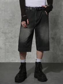Manfinity Denimwave Men's Distressed Black Denim Shorts, Wide Leg Cut, Y2K Street Style, Perfect Summer Fashion For Forward Men. - Black - View 7
